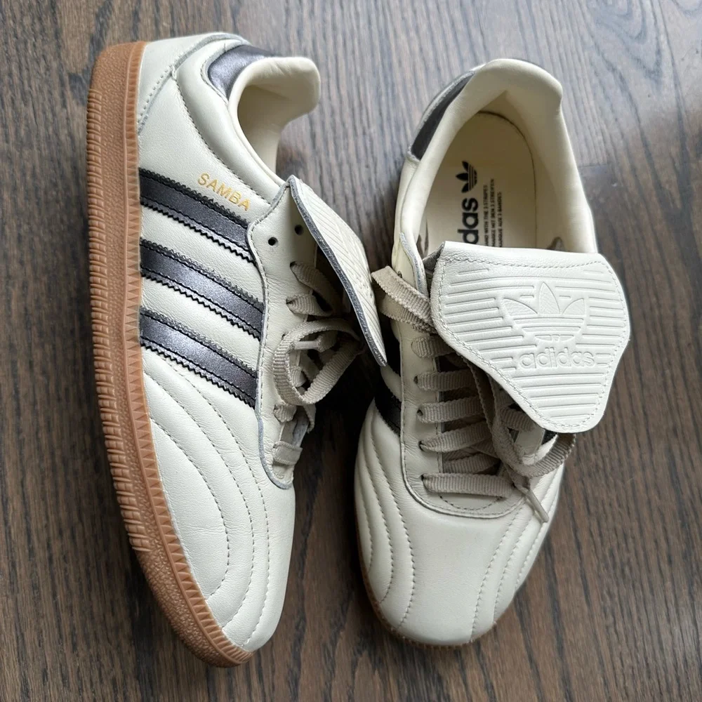 Adidas Samba Long Tongue Sneakers in White Cream with Brown Soles - Picture 2 of 5